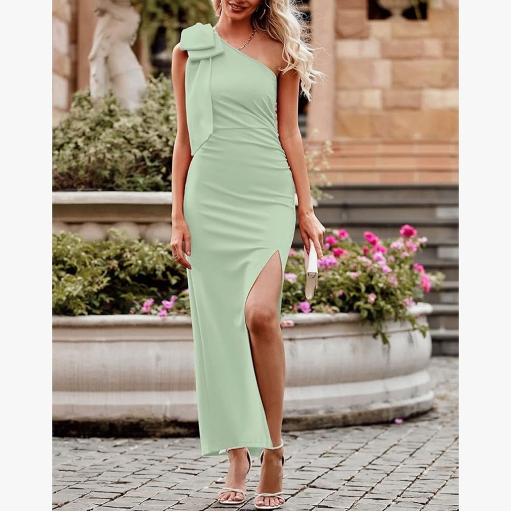 PRETTYGARDEN Women's One Shoulder Long Formal Ruched Bodycon Slit Maxi Dress - Picture 2 of 10